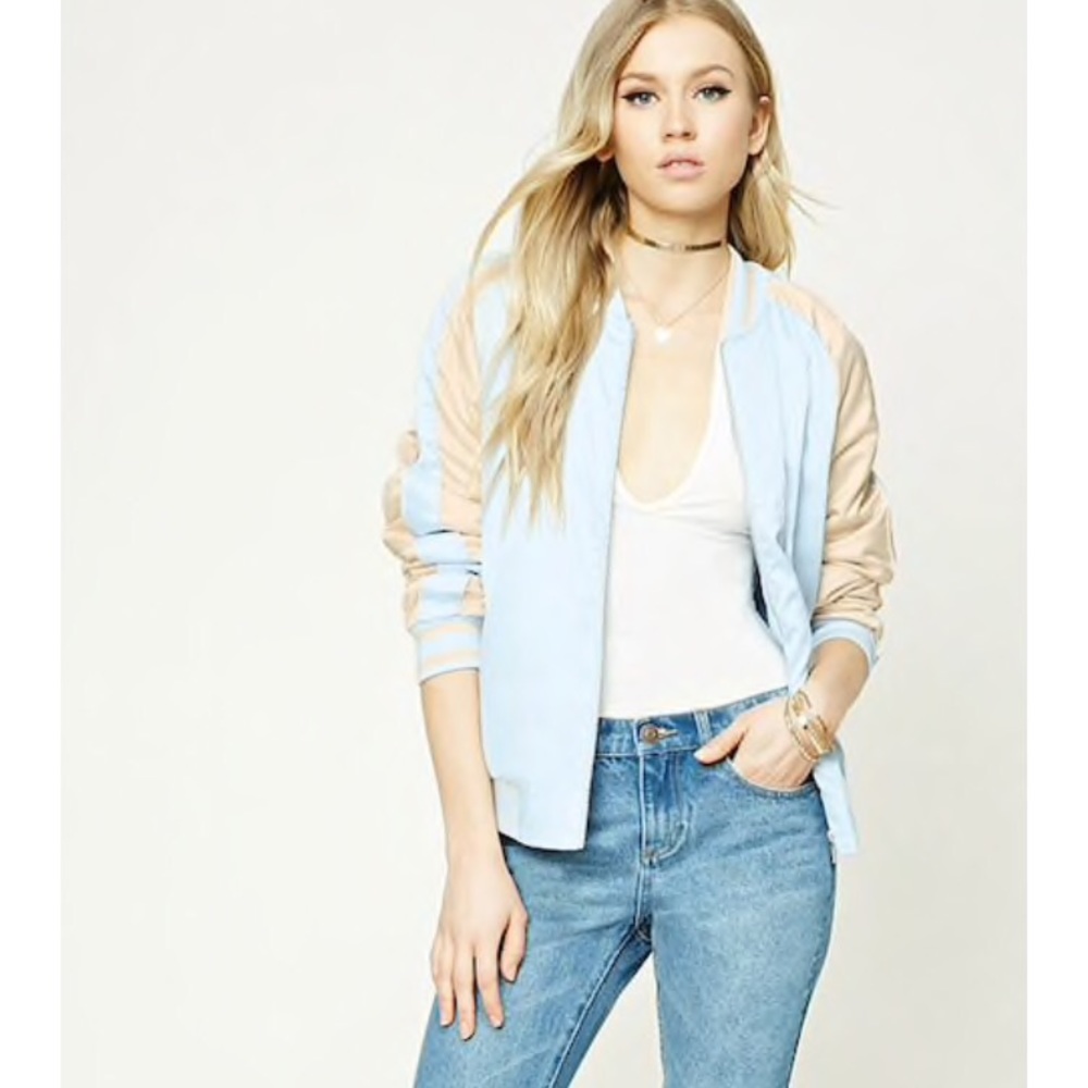 Forever 21 Satin Blue & Cream Bomber Jacket